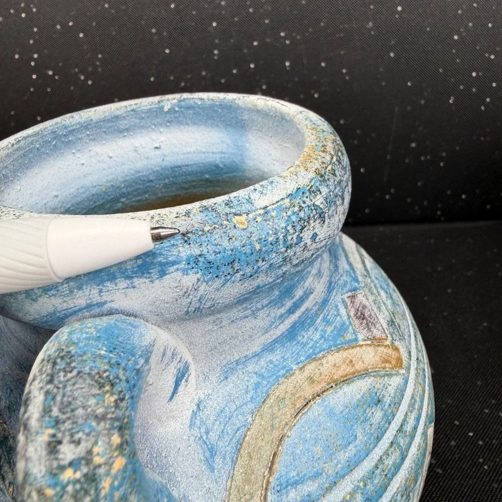 Andalusia Spain Studio Pottery Vase Blue White Geometric Carved 6in Handle VTG